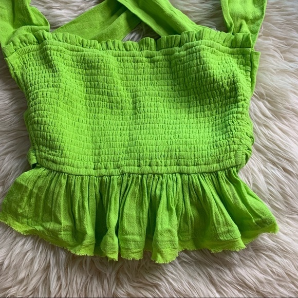 Free people Y2K neon now green Rouched open tie back  Ruffle hem crop top - Picture 7 of 8